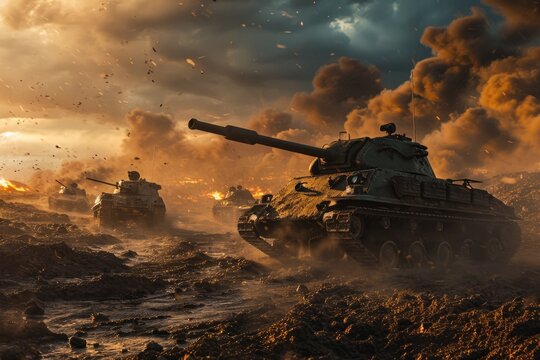 Thunderous Clash at Kursk: An intense moment unfolds from the Battle of Kursk, capturing the fierce clash between German and Soviet armored forces amidst rugged terrain and explosive fire.

