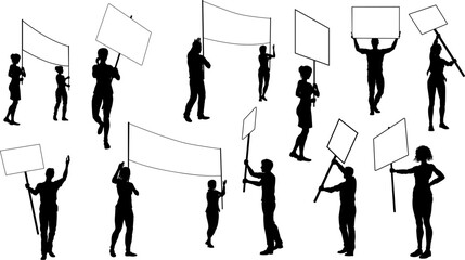 Obraz premium Protestors or demonstrators men and women. At a demonstration march, picketing line or strike protest rally in silhouette. Holding banners, picket signs and megaphone or mega phone.