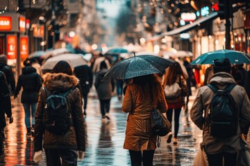 Rainy European Stroll: An anonymous crowd of people walking on a European city street on a rainy day, each figure sheltered under umbrellas, capturing the essence of urban life.


