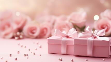 Pink pastel gift boxes on a pink rose bokeh background. Valentine's Day celebration.