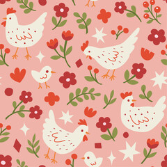 Cute seamless pattern with chicken and floral elements. Vector illustration with cartoon drawings for print, fabric, textile. - 705841182