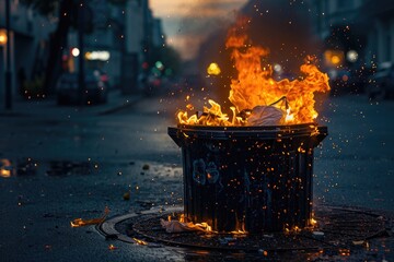 Fire Engulfs Trash Receptacle - obrazy, fototapety, plakaty