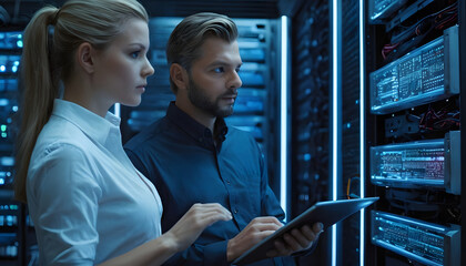 Two Male and Female data scientist computer engineer working and discussing in a server room of a data center for maintenance. Generative AI