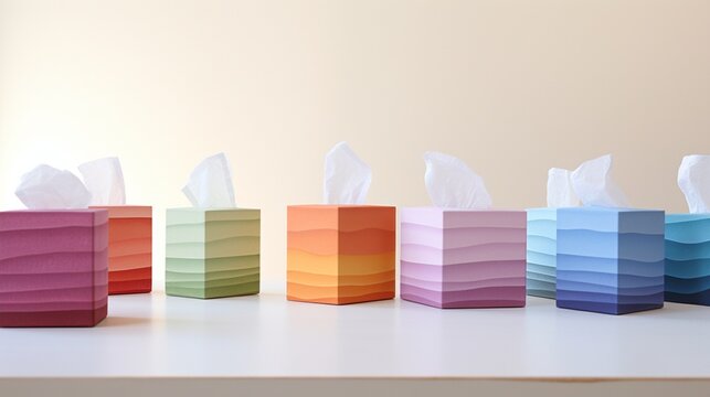 a collection of playful rainbow-colored tissue boxes, each hue representing a different scent,