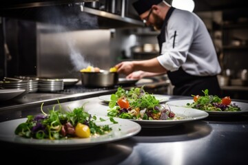 Professional chef preparing meal in high end restaurant kitchen