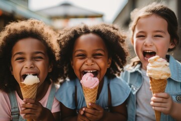 Happy diverse children eating ice cream cones outside - obrazy, fototapety, plakaty