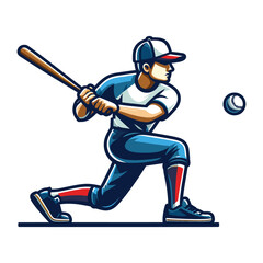 Baseball softball player in action vector illustration, hitter swinging with bat design template isolated on white background