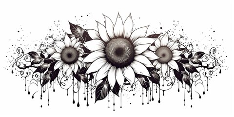 AI Generated. AI Generative. Wild nature botanical blossom flowers cunflowers black and white tattoo style. Graphic Art - obrazy, fototapety, plakaty