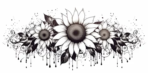 Foto op Aluminium AI Generated. AI Generative. Wild nature botanical blossom flowers cunflowers black and white tattoo style. Graphic Art © AkimD