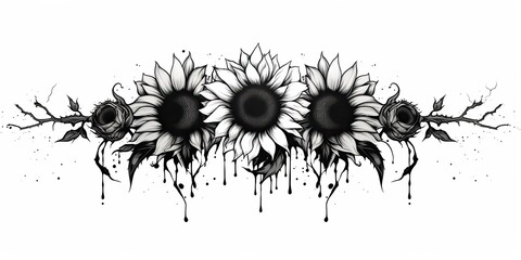 AI Generated. AI Generative. Wild nature botanical blossom flowers cunflowers black and white tattoo style. Graphic Art