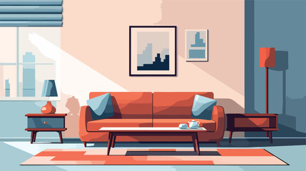 Cozy and modern living room interior flat design with minimal colors vector illustration. Design of a cozy room with red sofa, books, bookshelf, window, plants and decor accessories.