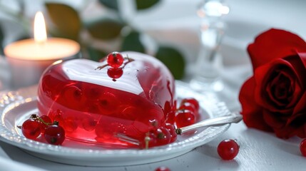 Transparent heart-shaped jelly, served with fresh berries and an elegant red rose.
