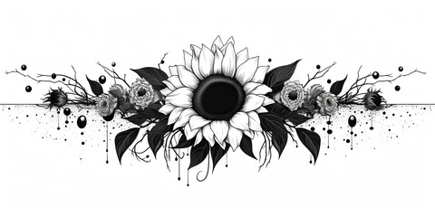 AI Generated. AI Generative. Wild nature botanical blossom flowers cunflowers black and white tattoo style. Graphic Art - obrazy, fototapety, plakaty