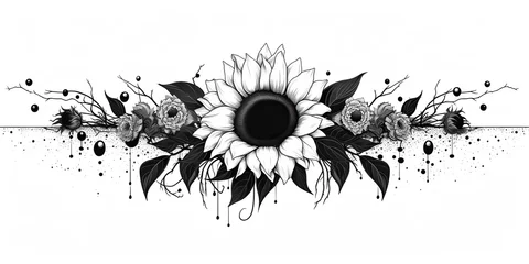 Fotobehang AI Generated. AI Generative. Wild nature botanical blossom flowers cunflowers black and white tattoo style. Graphic Art © AkimD