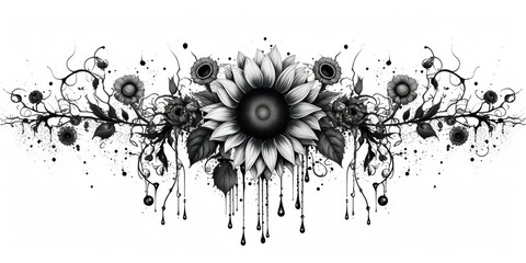 AI Generated. AI Generative. Wild nature botanical blossom flowers cunflowers black and white tattoo style. Graphic Art