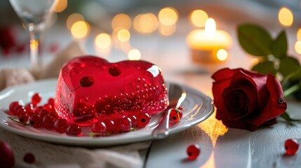 A shiny jelly heart presented with a glowing rose and soft bokeh candlelight in the background.