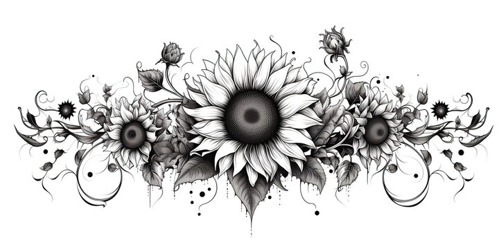 AI Generated. AI Generative. Wild Nature Botanical Blossom Flowers Cunflowers Black And White Tattoo Style. Graphic Art