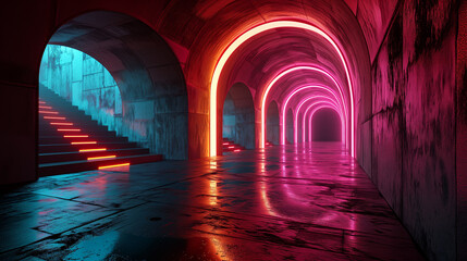 Neon-Lit Underground Passage with Arches and Stairway