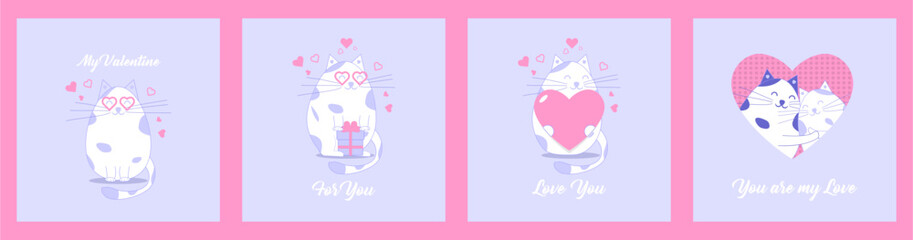 Happy Valentines Day typography poster or banner. Happy Valentine Day with cute funny cats for Valentine's Day. Vector illustration