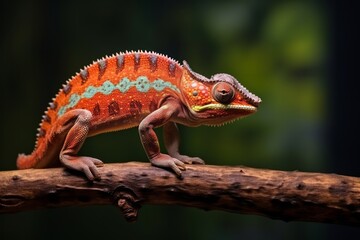 Obraz premium Chameleon on the flower. Beautiful extreme close-up. Beautiful of chameleon panther, chameleon panther on branch, chameleon panther closeup