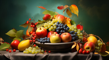 Obraz na płótnie Canvas Farbenfrohes Früchteparadies: Äpfel und Trauben in ihrer Pracht - Apfel - Trauben - Obstkorb -Generative KI