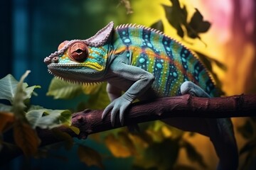 Obraz premium Chameleon on the flower. Beautiful extreme close-up. Beautiful of chameleon panther, chameleon panther on branch, chameleon panther closeup