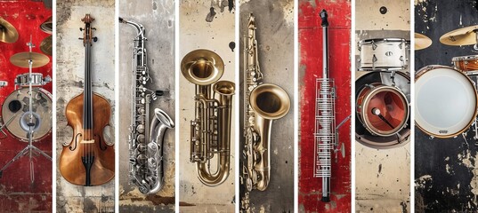 musical instruments collage with white vertical lines and segments in bright light white style