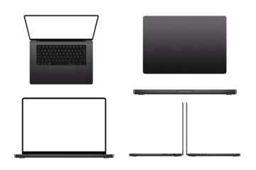 Modern laptop. Group photo of laptop taken from different angles isolated on transparent or white background.