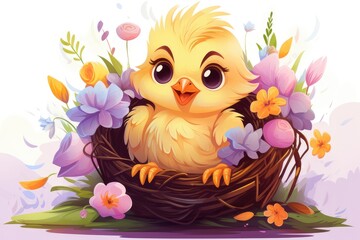 Illustration of a yellow cute chick in a nest. Flowers, spring, summer. Postcard template.