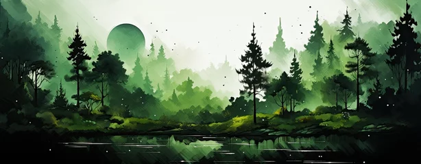 Crédence en verre imprimé Route en forêt Deep green forest watercolor