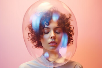 Woman inside a big soap bubble, introvert, loner, living in solitude, recluse. Mental health, psychology concept, inner world, shyness, hiding identity, dreaming, antisocial, alone, avoiding people