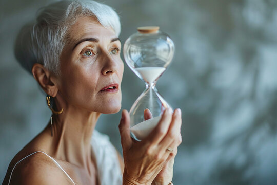 Old woman holding a hourglass. Concept of aging, fear of passing time, chronophobia, mental health in old age, depression in elderly. Female life cycle, menopause, flow of life. Beauty has no age