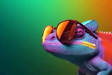 Macro cute chameleon in a pair of colorful glasses, hyperrealistic compositions, inventive. Chameleon wearing sunglasses on a solid colorful background, copy space
