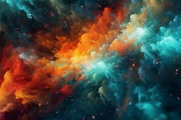 Vibrant cosmos: fiery orange and turquoise shimmer against blurred backdrop - captivating space animation for imaginative creations. Generative AI