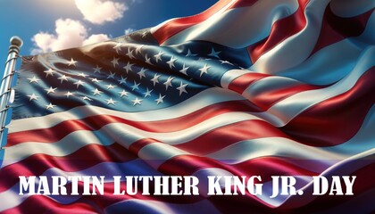 Happy MLK day text, waving US American flag on blue sky background
