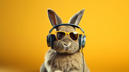Stylish portrait of an anthropomorphic rabbit wearing glasses and headphones with copy space. - obrazy, fototapety, plakaty