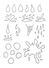 Water drops of different shapes, splashes set. Liquid droplets isolated on white background. Vector illustration.