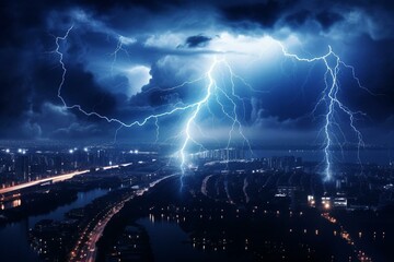 Stunning storm with dark clouds, lightning illuminating night city. Generative AI - obrazy, fototapety, plakaty