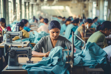 indian female group working on the sewing machine at textile factory - obrazy, fototapety, plakaty