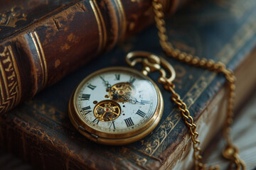 Antique pocket watch with a gold chain, set against an aged leather book, soft warm lighting