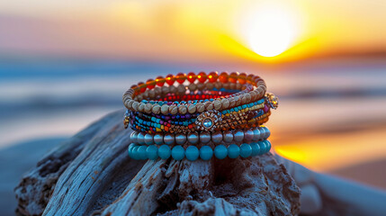 Bohemian beaded bracelets stacked on a weathered driftwood, beach setting at sunset - obrazy, fototapety, plakaty
