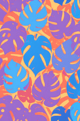 Grunge Abstract Purple and Blue Flat Lay Tropical Leaves With A Yellow and Orange Leaf Shadow Underlay Backdrop Pattern Wallpaper
