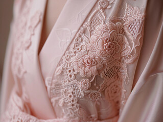 embroidery on the sleeves of a pastel pink kimono, soft bokeh