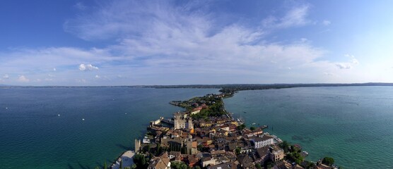 Aerial view of Sirmione castle of Sirmione village in the south Garda lake. Brescia province, Italy