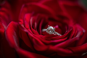 Engagement and wedding ring set on a blooming red rose, romantic vibe