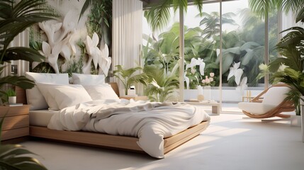 Eco-friendly bedroom with a nature-inspired design and a view of the tropics