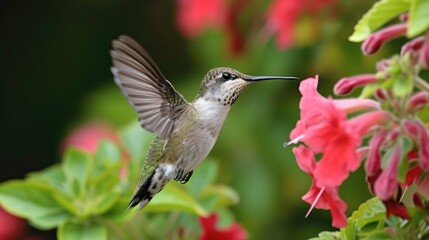 Naklejka premium A hummingbird hovers mid-air, feeding from vibrant orange flowers. The bird's wings are a blur of motion, and its iridescent feathers glint in the sunlight.