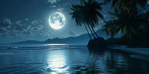 full moon illuminating a tropical archipelago, silhouettes of palm trees, calm ocean waters reflecting moonlight