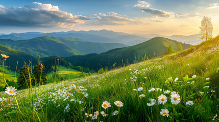 新緑の牧草地と咲き乱れる野の花があるのどかな山の風景GenerativeAI