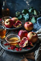 Jewish Rosh Hashana with apple, honey and pomegranate